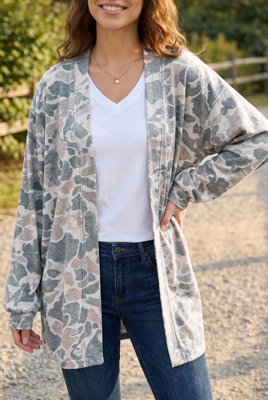 Multicolour Camouflage Print Long Sleeve Open Front Tunic Cardigan-Sweaters & Cardigans/Cardigans-[Adult]-[Female]-Multicolour-S-2022 Online Blue Zone Planet