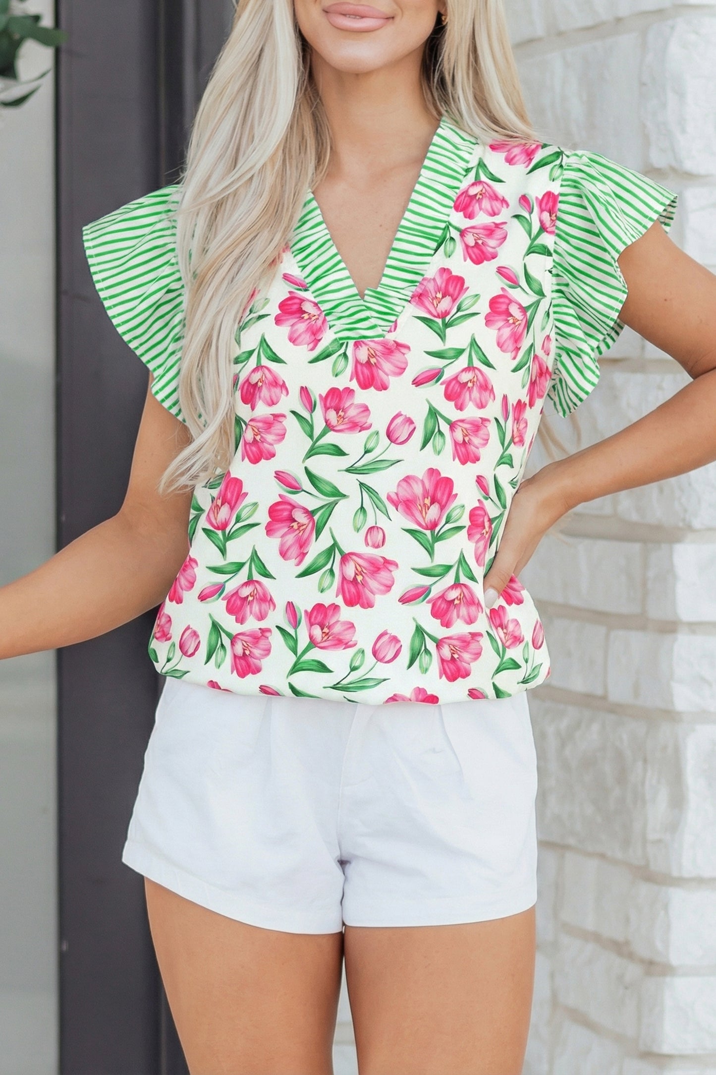 Multicolour Sweet Floral Print Striped Ruffle Trim V Neck Blouse-Tops/Blouses & Shirts-[Adult]-[Female]-Multicolour-S-2022 Online Blue Zone Planet