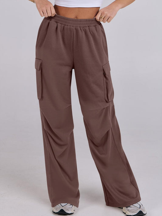 Blue Zone Planet | Elastic Waist Wide Leg Pants with Pockets-BOTTOMS SIZES SMALL MEDIUM LARGE-[Adult]-[Female]-Dark Brown-S-2022 Online Blue Zone Planet