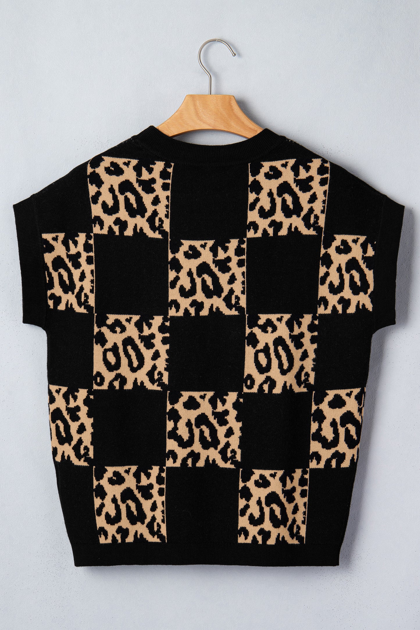 Rose Red Leopard Checkerboard Short Sleeve Knit Sweater-TOPS / DRESSES-[Adult]-[Female]-2022 Online Blue Zone Planet