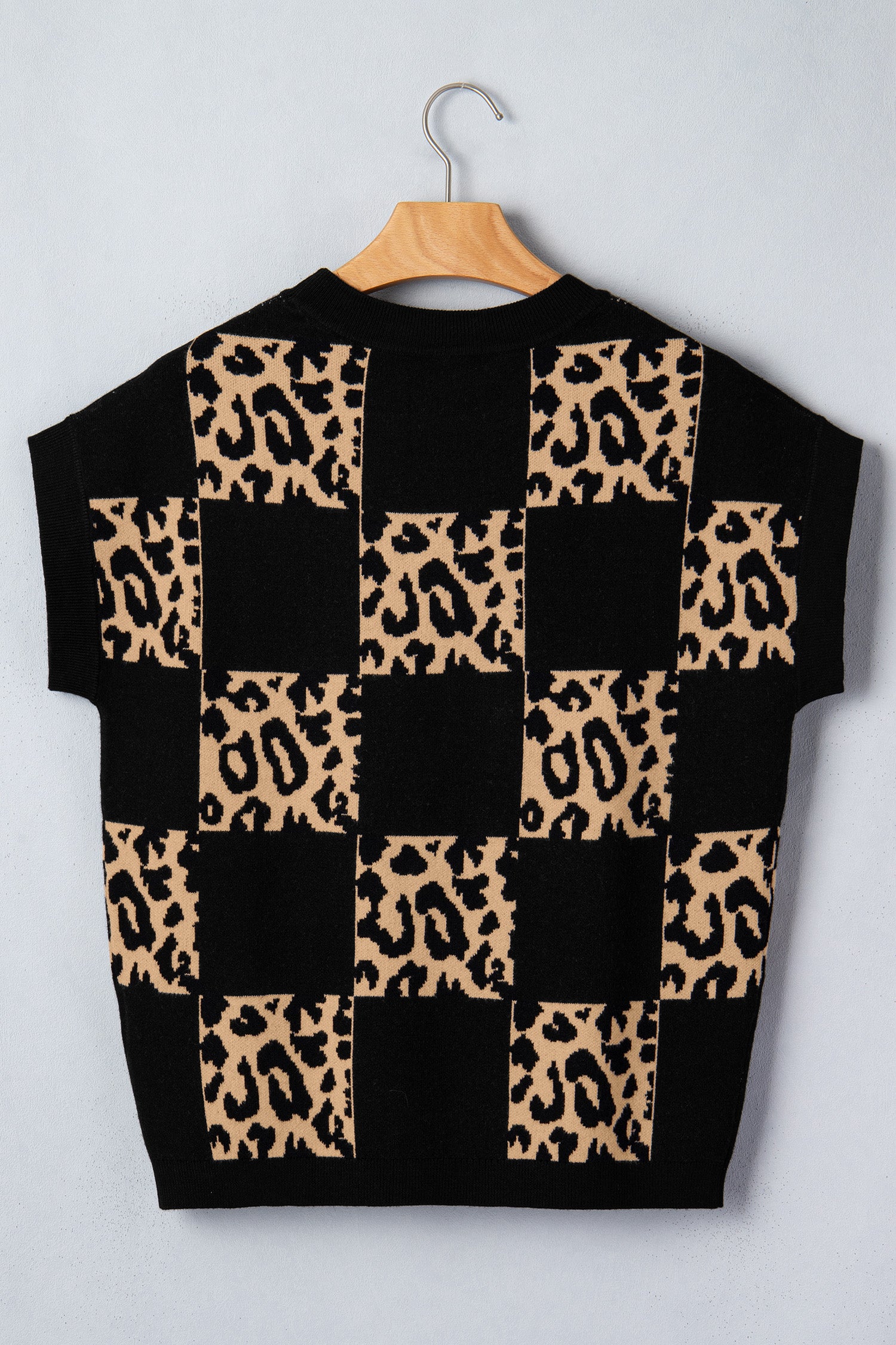 Rose Red Leopard Checkerboard Short Sleeve Knit Sweater-TOPS / DRESSES-[Adult]-[Female]-2022 Online Blue Zone Planet