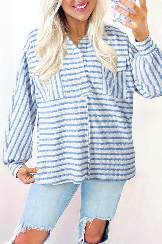 Sky Blue Stripe Half Button Collared Chest Pockets Loose Fit Blouse-Tops/Blouses & Shirts-[Adult]-[Female]-Sky Blue Stripe-S-2022 Online Blue Zone Planet