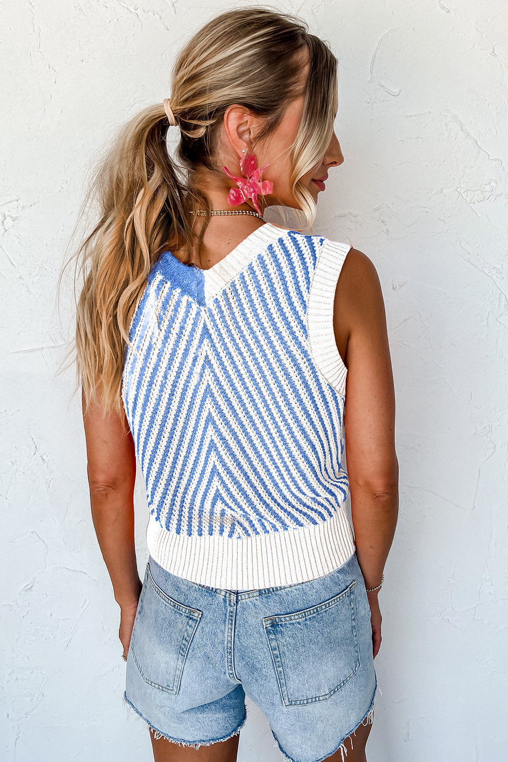 Sky Blue Contrast Chevron Knit V Neck Sweater Vest-Sweaters & Cardigans/Sweater Vests-[Adult]-[Female]-2022 Online Blue Zone Planet