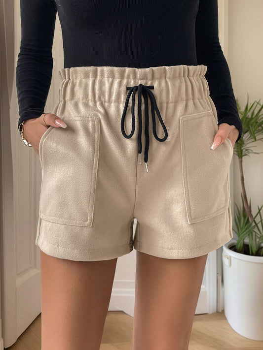 Perfee Frill Drawstring Shorts with Pockets-BOTTOM SIZES SMALL MEDIUM LARGE-[Adult]-[Female]-Tan-S-2022 Online Blue Zone Planet