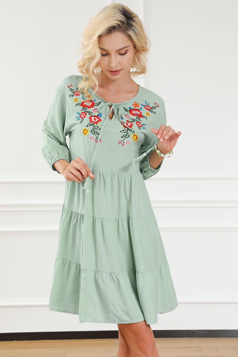 Blue Zone Planet | Green Floral Embroidery Tiered Ruffle Hem Dress-TOPS / DRESSES-[Adult]-[Female]-2022 Online Blue Zone Planet