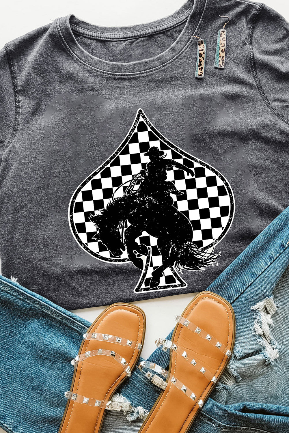 Gray Redeo Check Spades Western Graphic T Shirt-Graphic/Graphic Tees-[Adult]-[Female]-2022 Online Blue Zone Planet