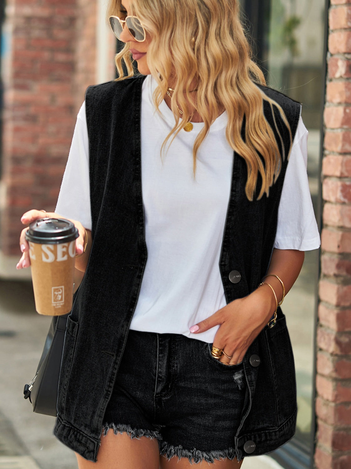 Full Size V-Neck Button Up Denim Vest-TOPS / DRESSES-[Adult]-[Female]-2022 Online Blue Zone Planet