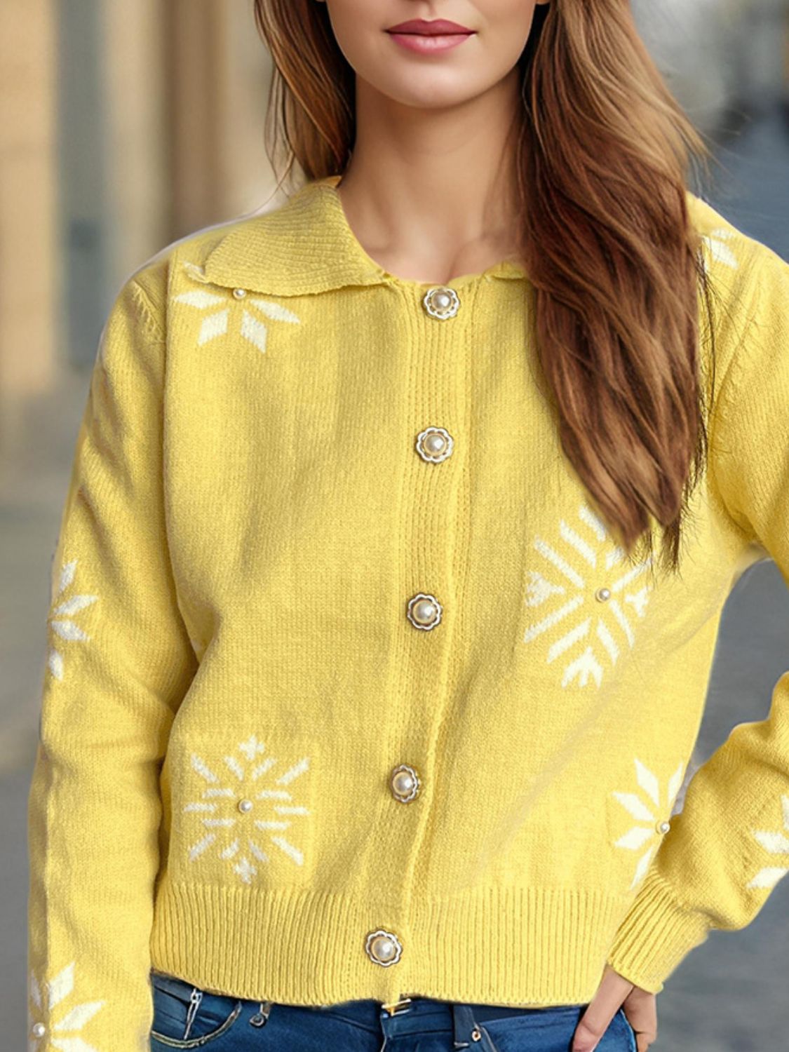 Pearl Trim Collared Neck Long Sleeve Cardigan-NEW ARRIVALS-[Adult]-[Female]-Yellow-One Size-2022 Online Blue Zone Planet