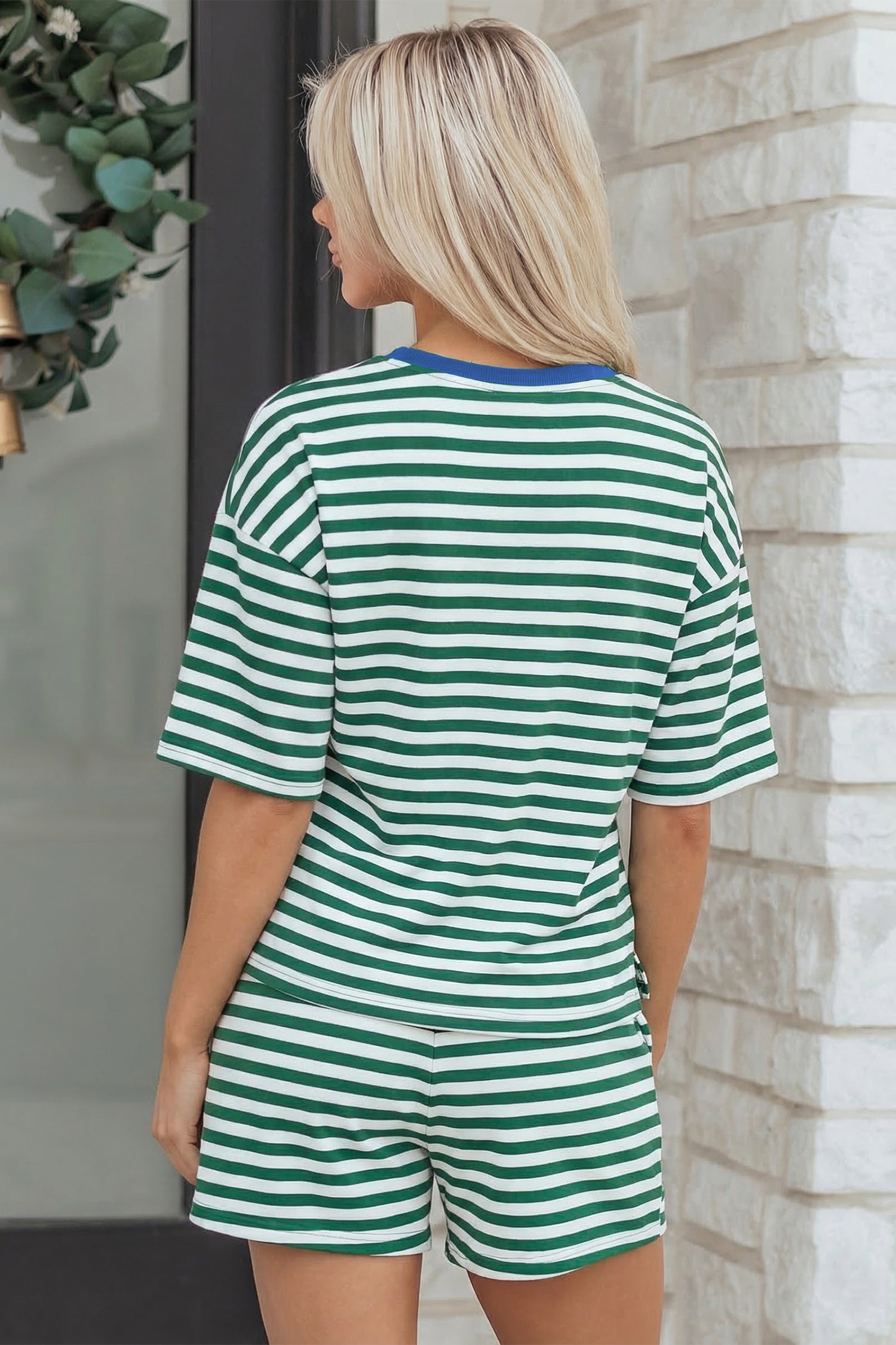 Green Stripe Drop Shoulder Boxy Casual Terry Short Set-Two Piece Sets/Short Sets-[Adult]-[Female]-2022 Online Blue Zone Planet