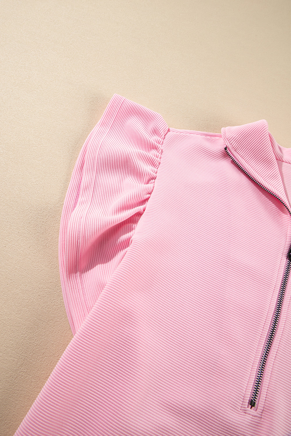 Pink Textured Ruffled Sleeve Zipped Top and Wide Leg Pants Set-Two Piece Sets/Pant Sets-[Adult]-[Female]-2022 Online Blue Zone Planet