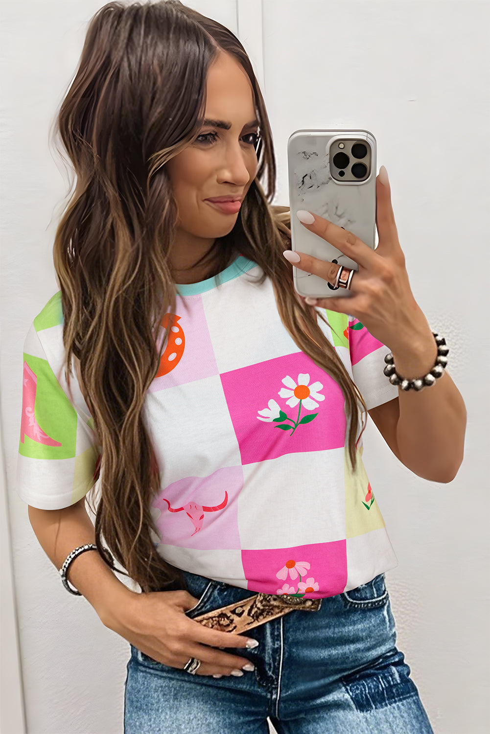 Sky Blue Western Fashion Checker Print Crewneck T Shirt-Tops/Tops & Tees-[Adult]-[Female]-2022 Online Blue Zone Planet