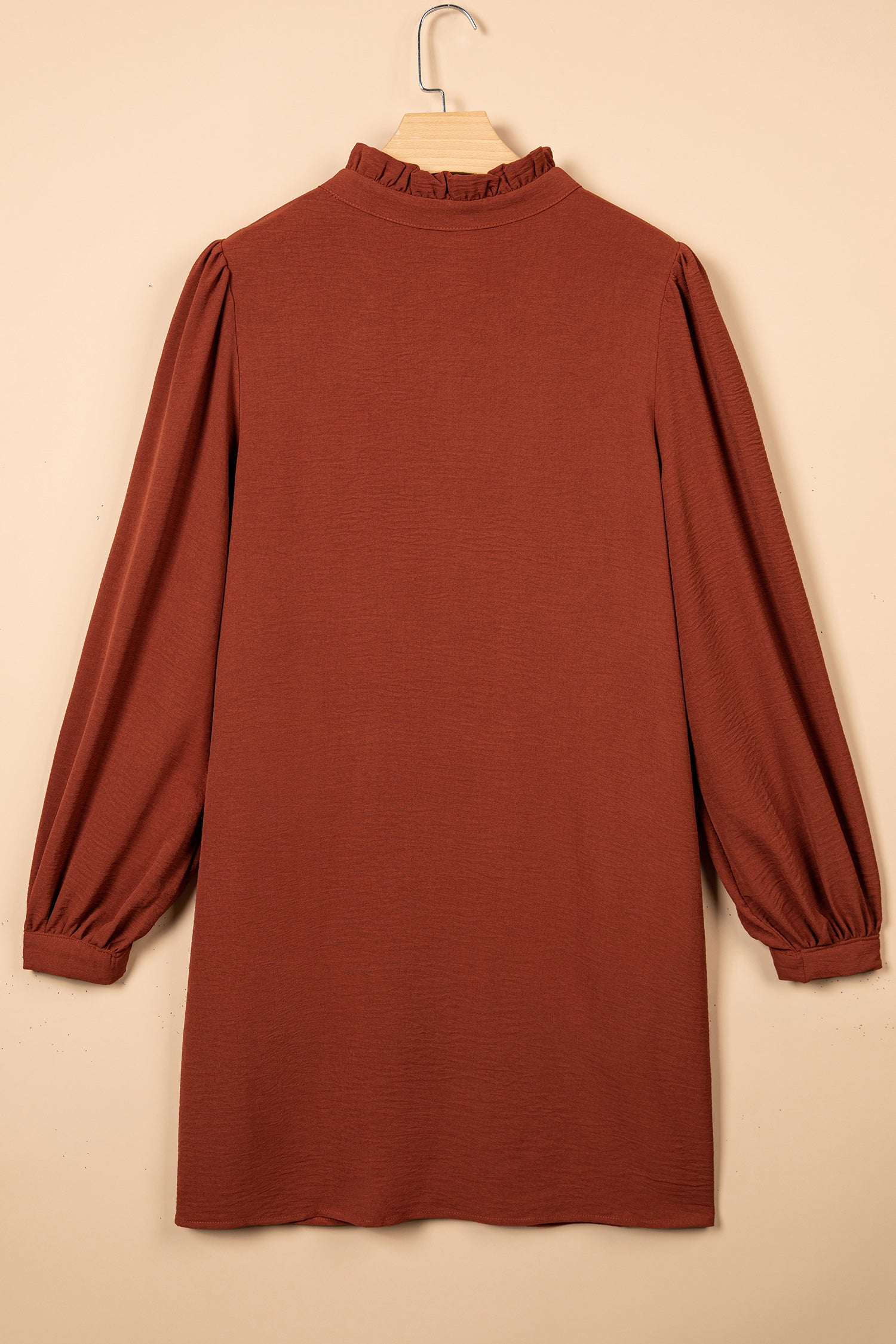 Coffee Solid Shift Long Sleeve Short Length One Piece Dress-TOPS / DRESSES-[Adult]-[Female]-2022 Online Blue Zone Planet