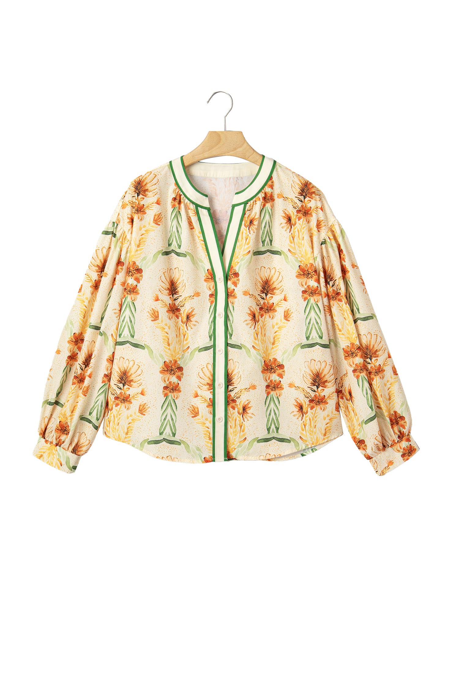 Yellow Floral Print V Neck Long Sleeve Shirt-Tops/Blouses & Shirts-[Adult]-[Female]-2022 Online Blue Zone Planet