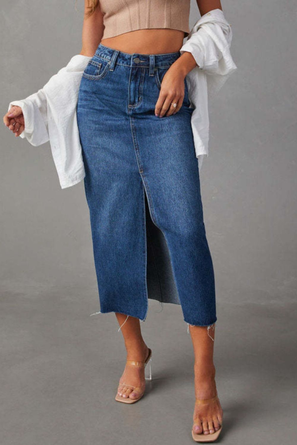 Slit Raw Hem Midi Denim Skirt-BOTTOMS SIZES SMALL MEDIUM LARGE-[Adult]-[Female]-Dark Blue-S-2022 Online Blue Zone Planet