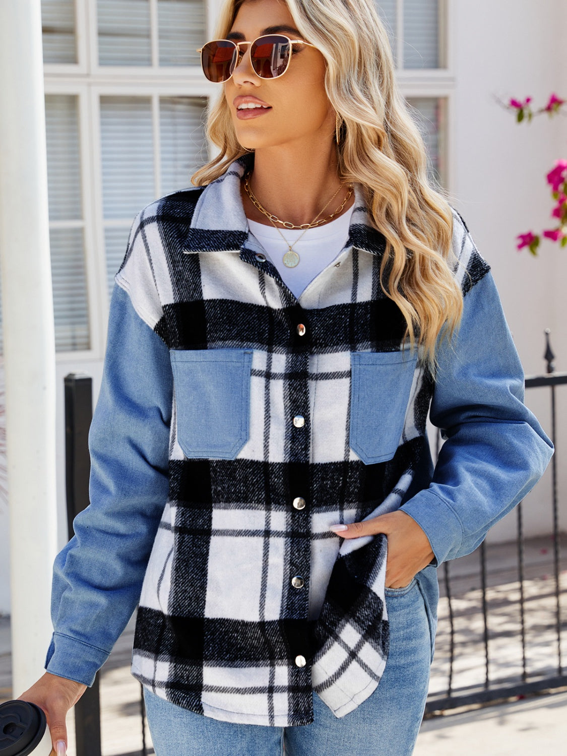 Blue Zone Planet | Pocketed Plaid Snap Down Denim Jacket-TOPS / DRESSES-[Adult]-[Female]-2022 Online Blue Zone Planet