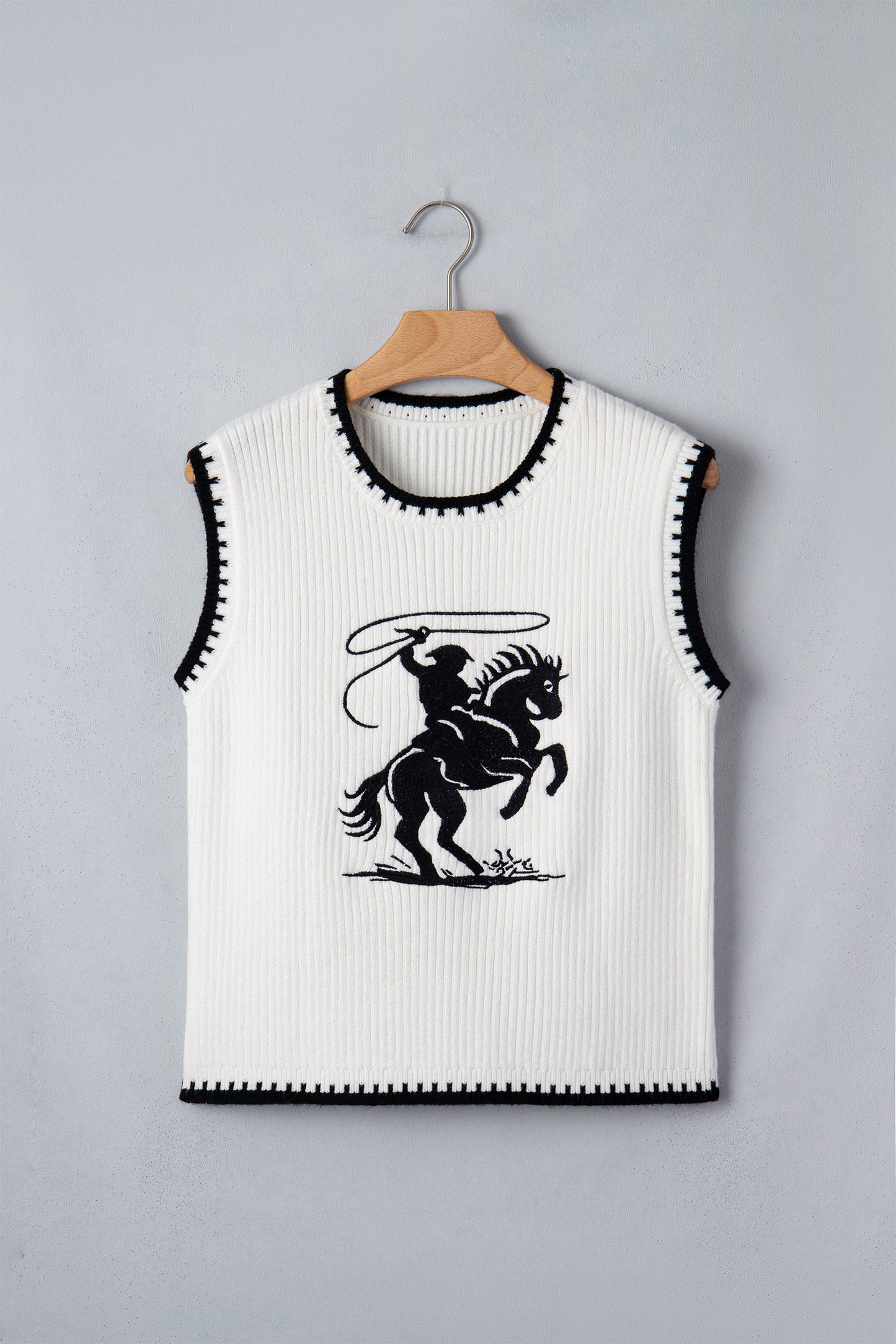 White Contrast Trim Round Neck Rodeo Cowboy Sweater Vest-Sweaters & Cardigans/Sweater Vests-[Adult]-[Female]-2022 Online Blue Zone Planet