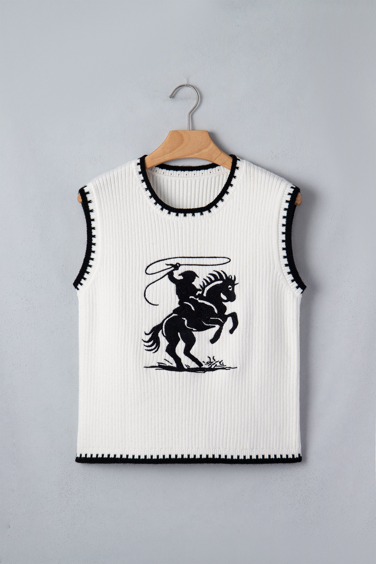 White Contrast Trim Round Neck Rodeo Cowboy Sweater Vest-Sweaters & Cardigans/Sweater Vests-[Adult]-[Female]-2022 Online Blue Zone Planet
