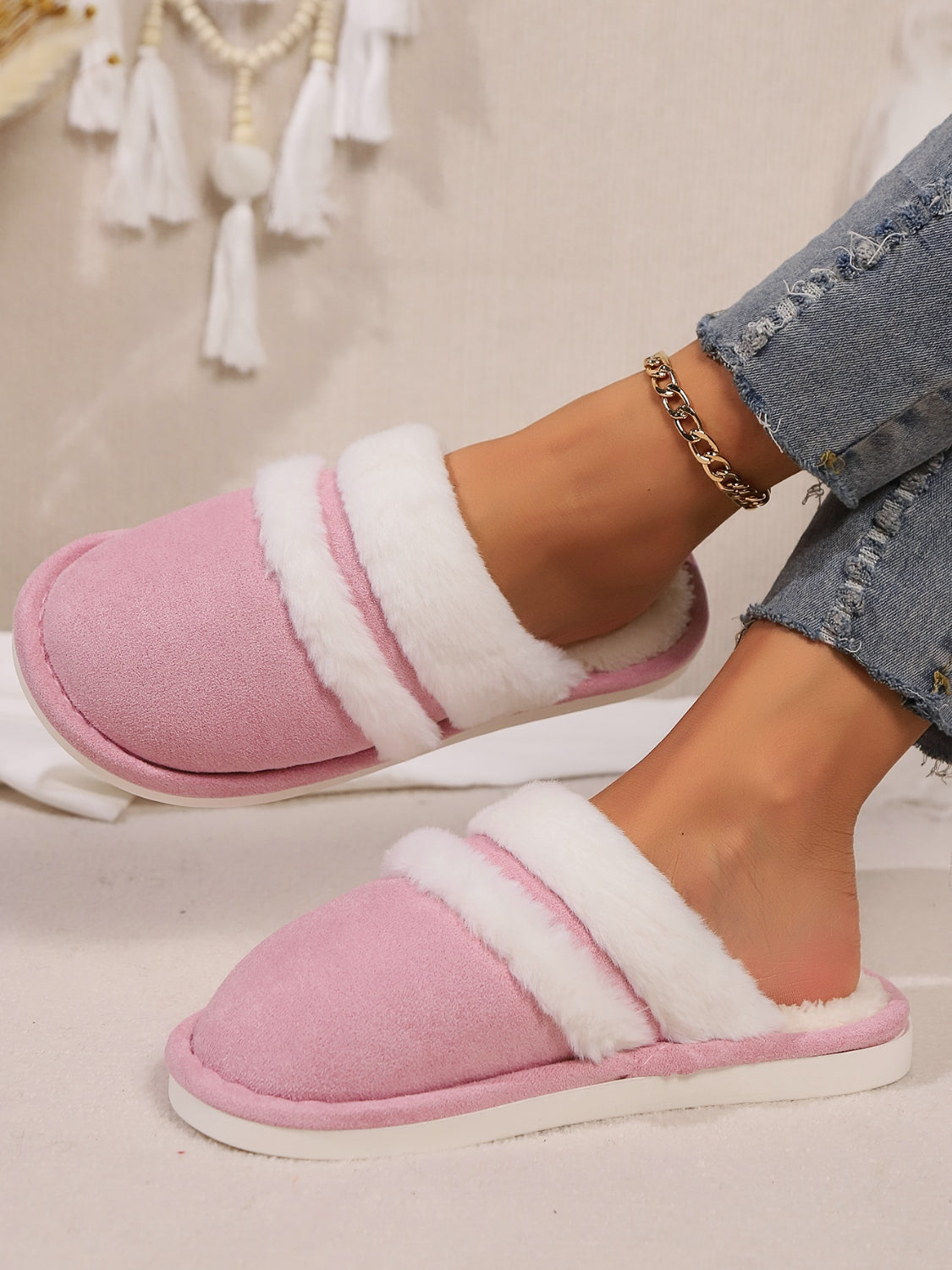 Contrast Faux Fur Round Toe Slippers-SHOES-[Adult]-[Female]-Fuchsia Pink-36-37(US5-6)-2022 Online Blue Zone Planet