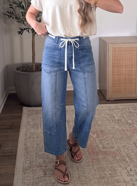 Beau Blue Solid Patchwork Grommet Tie Waist Loose Ankle-Length Jeans-Bottoms/Jeans-[Adult]-[Female]-2022 Online Blue Zone Planet