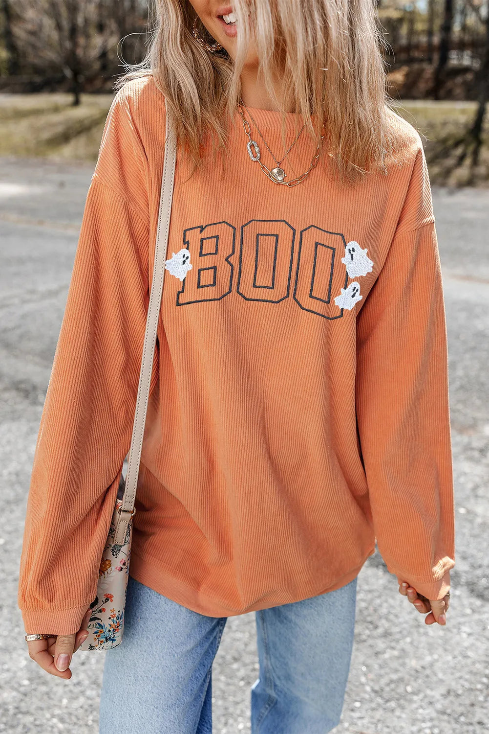 BOO Round Neck Long Sleeve Sweatshirt-TOPS / DRESSES-[Adult]-[Female]-Sherbet-S-2022 Online Blue Zone Planet