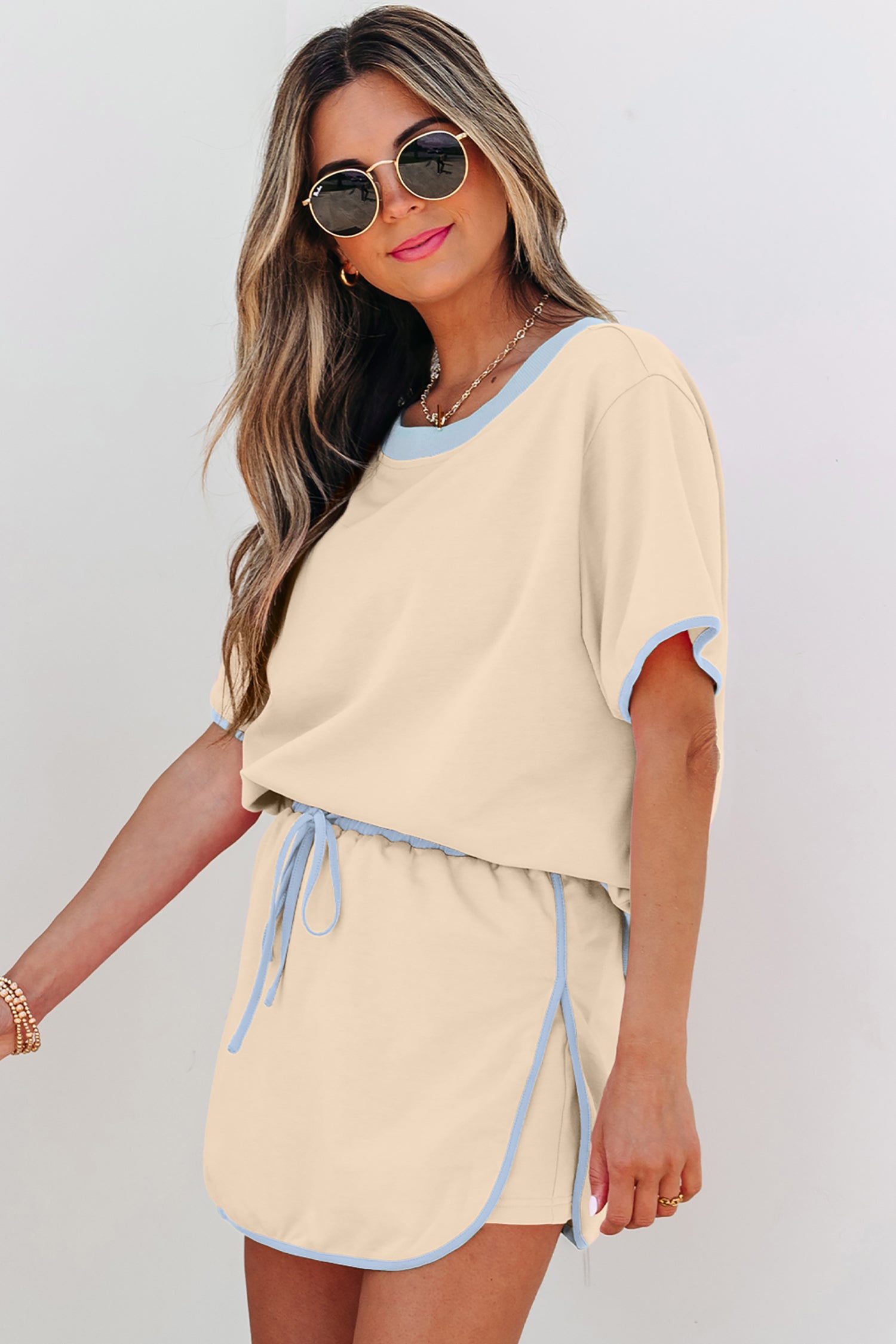 Apricot Colorblock Edge Drop Shoulder T Shirt and Skort 2Pcs Set-Two Piece Sets/Two Piece Dresses-[Adult]-[Female]-2022 Online Blue Zone Planet