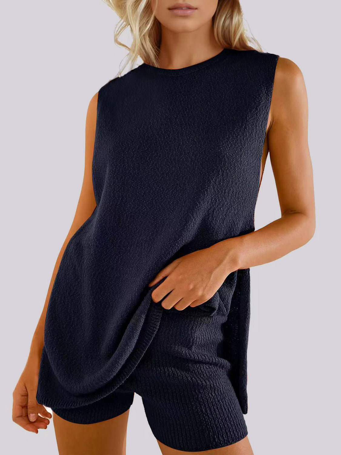 Blue Zone Planet | Mandy Side Slit Round Neck Tank and Shorts Sweater Set-TOPS / DRESSES-[Adult]-[Female]-Dark Blue-S-2022 Online Blue Zone Planet