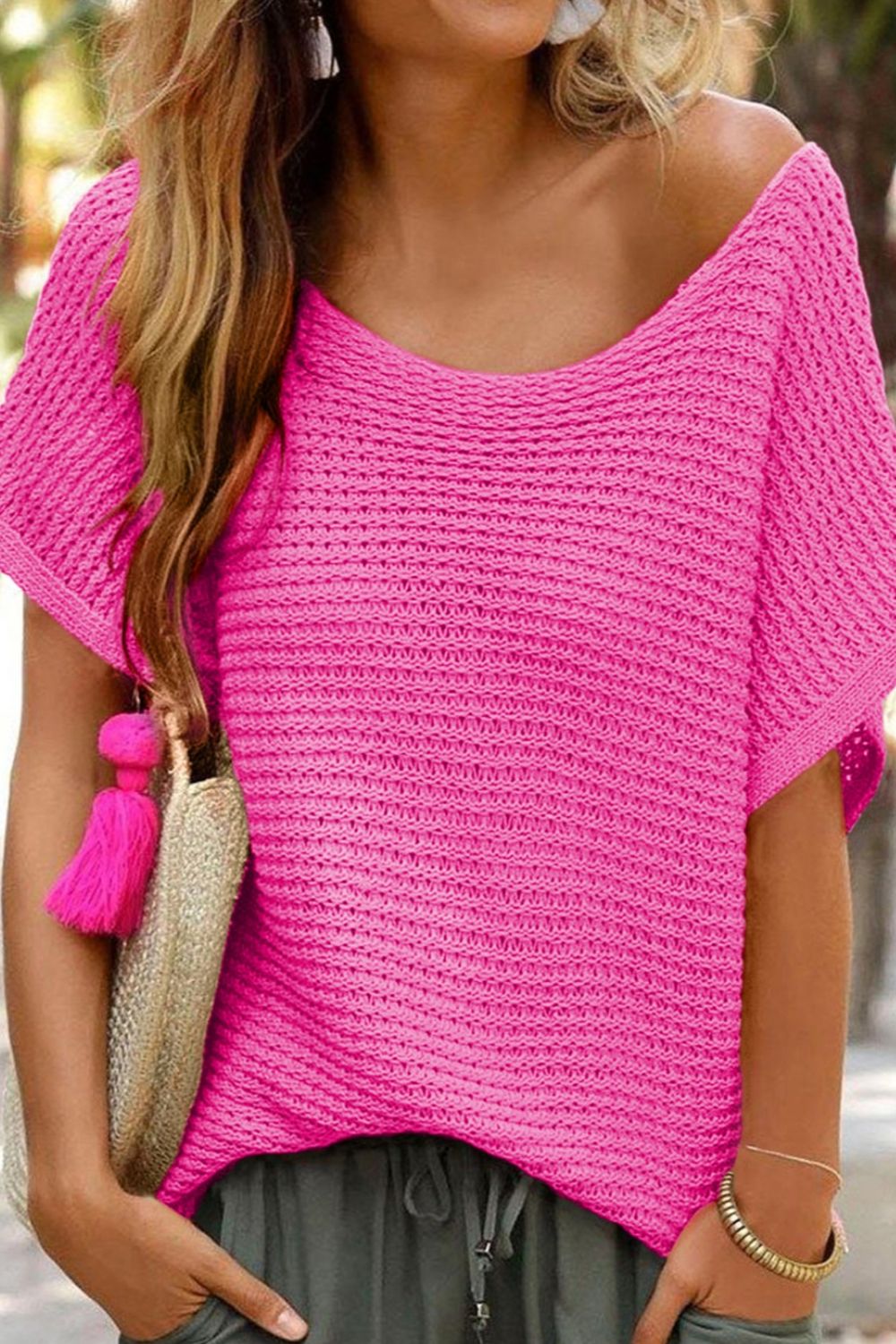 Blue Zone Planet | Boat Neck Short Sleeve Sweater-TOPS / DRESSES-[Adult]-[Female]-Hot Pink-S-2022 Online Blue Zone Planet