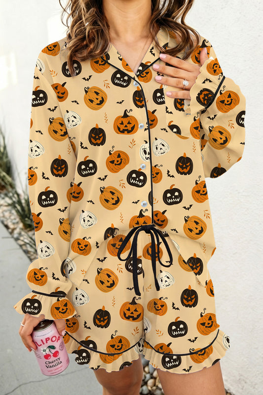 Orange Long Sleeve Ruffle Pumpkin Face Print Two Piece Lounge Set-Loungewear & Sleepwear/Loungewear-[Adult]-[Female]-Orange-S-2022 Online Blue Zone Planet