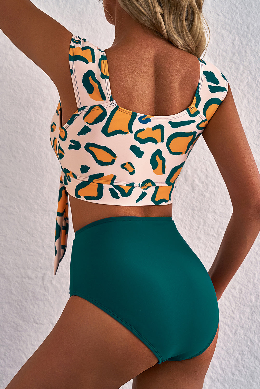 Green Leopard Print U Neck Knotted High Waist Bikini Set-Swimwear/High Waisted Swimsuit-[Adult]-[Female]-2022 Online Blue Zone Planet