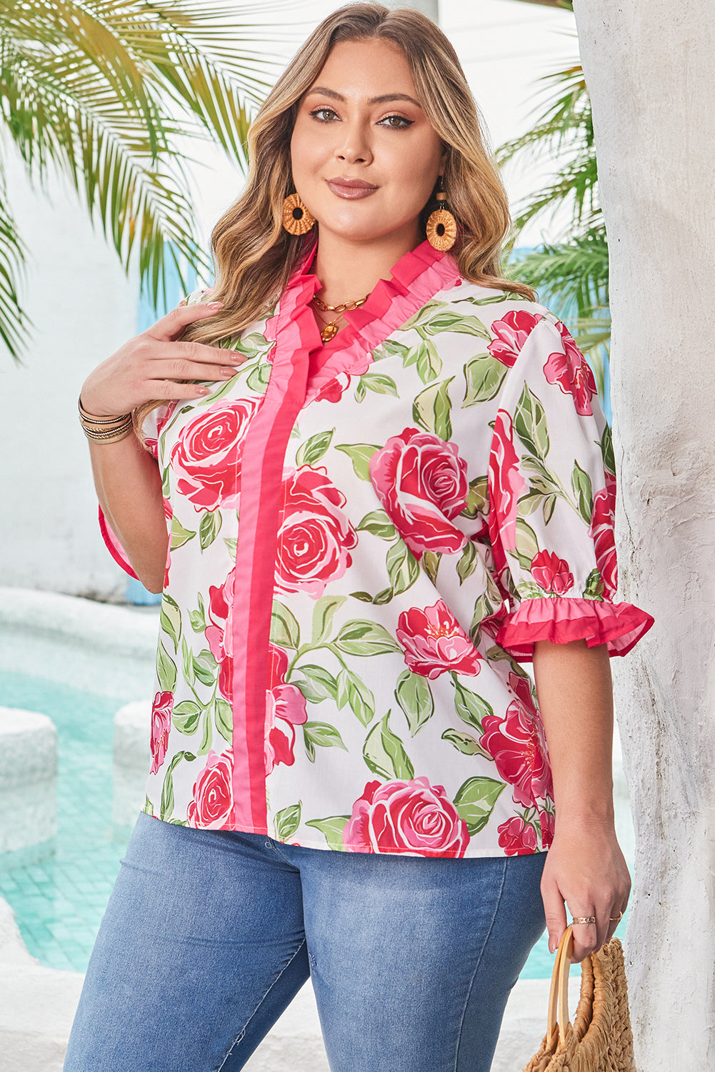 Rose Plus Size Floral Print Frilled Stripes Detail Short Sleeve Blouse-Plus Size/Plus Size Tops/Plus Size Blouses & Shirts-[Adult]-[Female]-2022 Online Blue Zone Planet