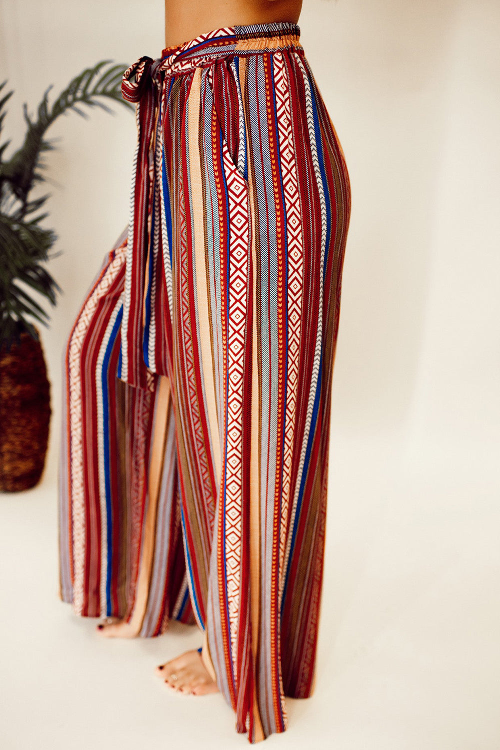 Red Boho Ethnic Striped Print Tie Waist Wide Leg Pants-Pants-[Adult]-[Female]-2022 Online Blue Zone Planet