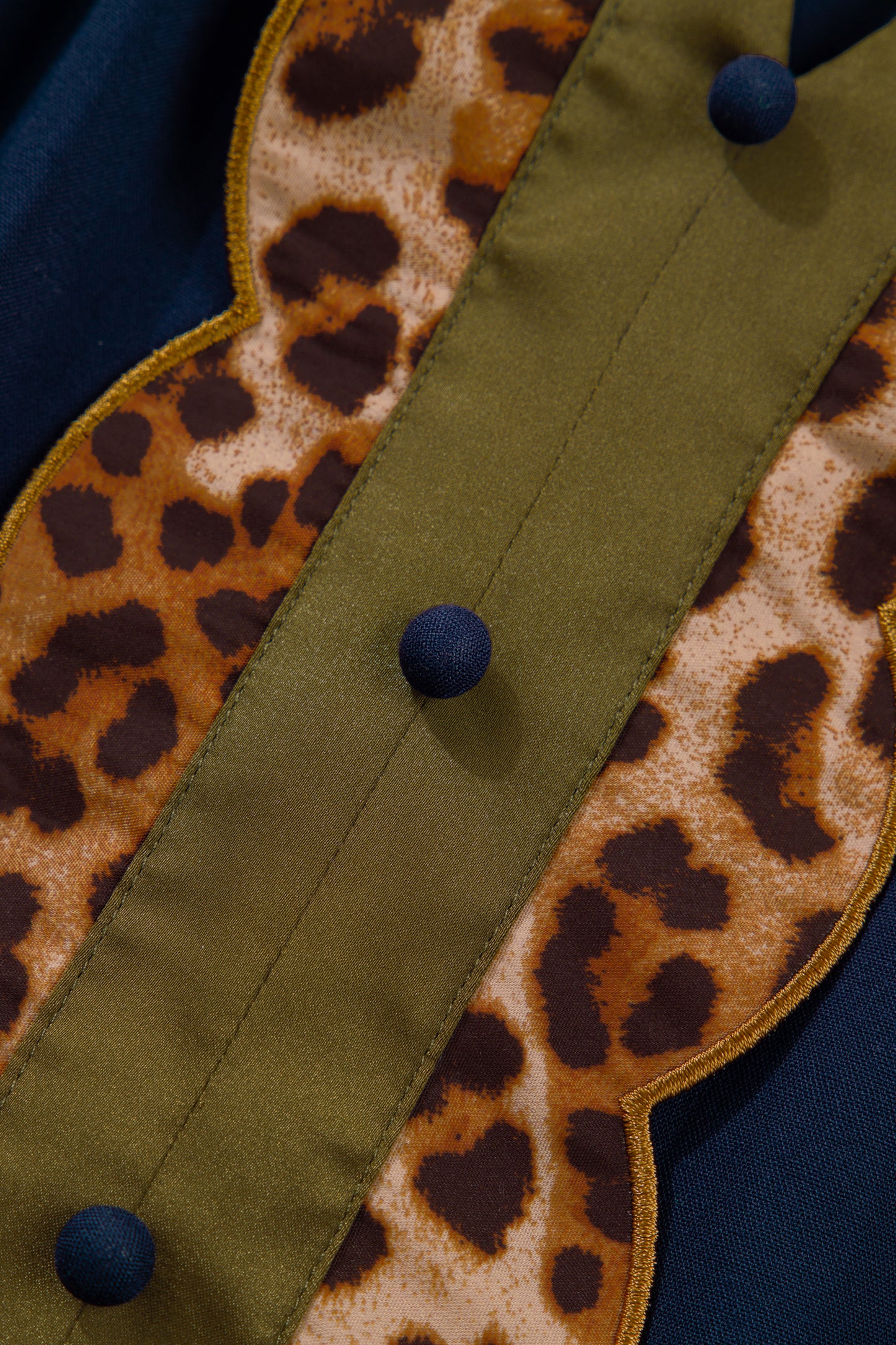 Navy Blue Button Detail Leopard Metallic Trim Short Sleeve Tunic Dress-Dresses/Mini Dresses-[Adult]-[Female]-2022 Online Blue Zone Planet