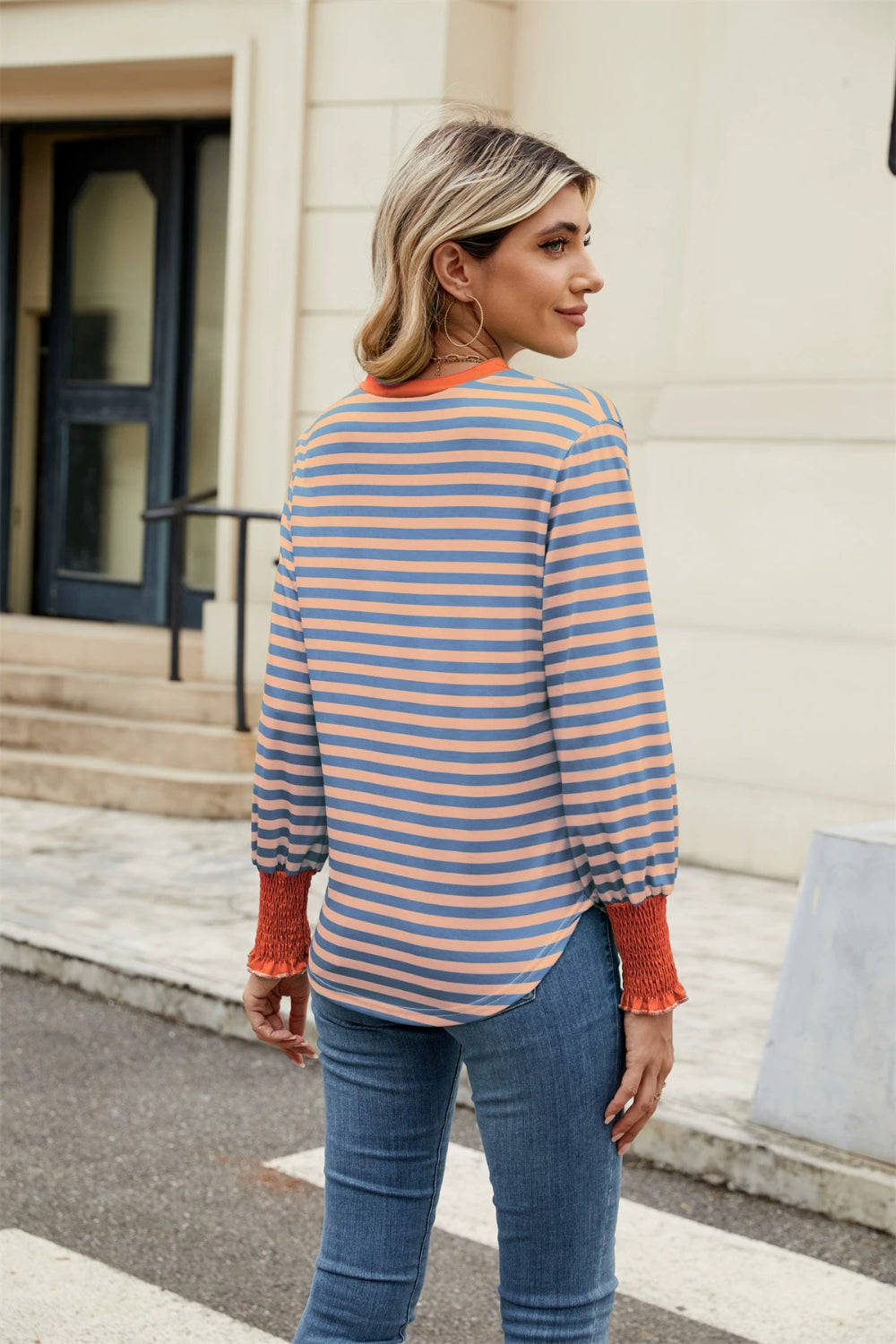 Contrast Striped Notched Long Sleeve Top-TOPS / DRESSES-[Adult]-[Female]-2022 Online Blue Zone Planet