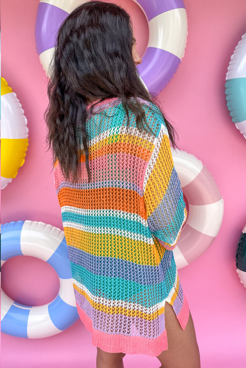 Pink Stripe Plus Size Open Knit Patch Pocket Short Sleeve Sweater-Plus Size/Plus Size Sweaters & Cardigans-[Adult]-[Female]-2022 Online Blue Zone Planet