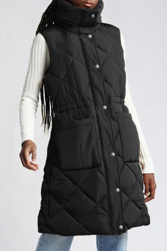 Black Longline Quilted Stand Collar Puffer Vest-Outerwear/Vests-[Adult]-[Female]-Black-S-2022 Online Blue Zone Planet