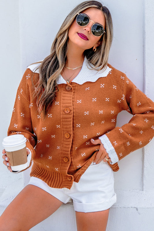 Russet Orange Peter Pan Collar Colorblock Long Sleeve Knitwear Cardigan-Sweaters & Cardigans/Cardigans-[Adult]-[Female]-Russet Orange-S-2022 Online Blue Zone Planet