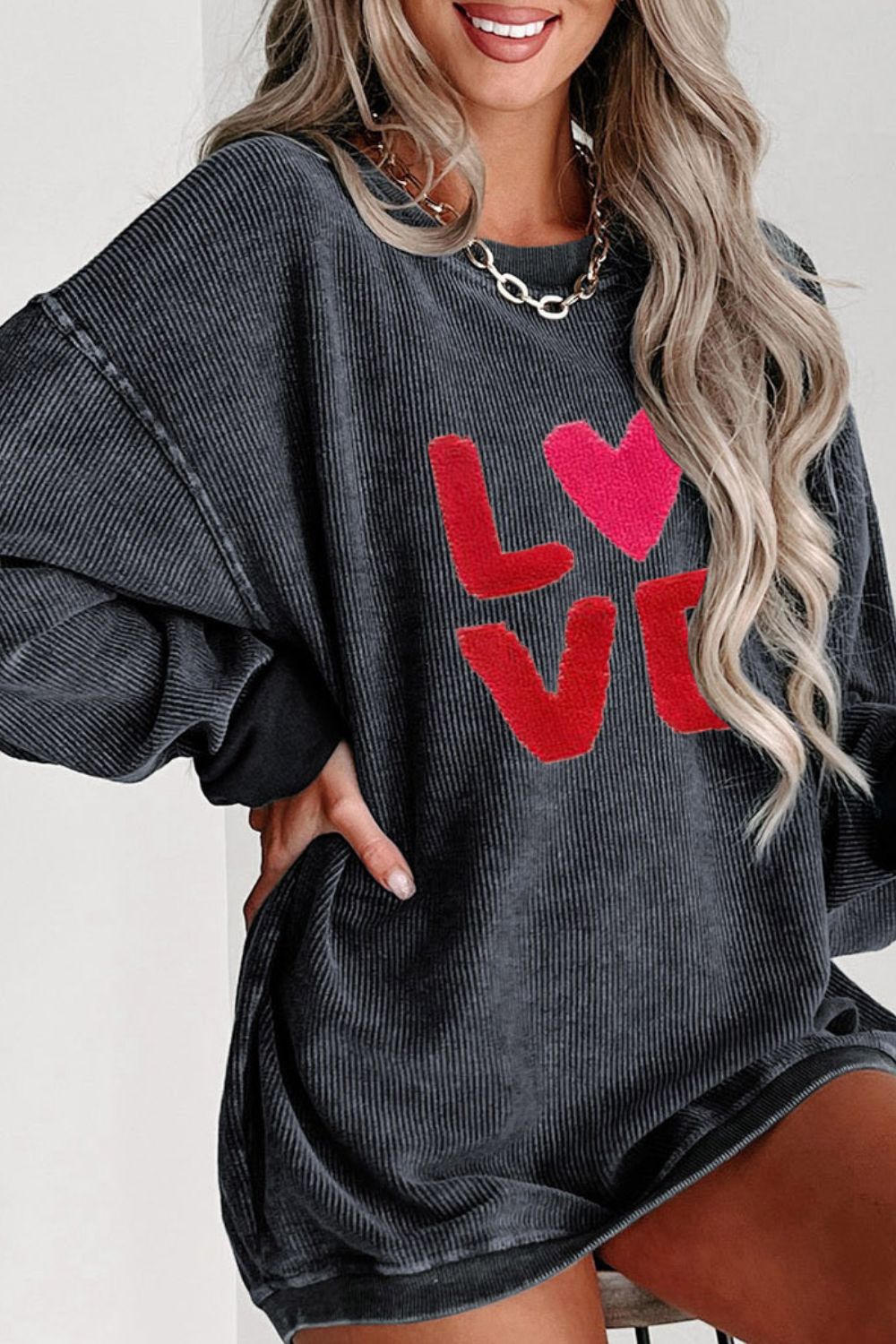 Blue Zone Planet | Valentine’s Day LOVE Round Neck Long Sleeve Sweatshirt-TOPS / DRESSES-[Adult]-[Female]-2022 Online Blue Zone Planet