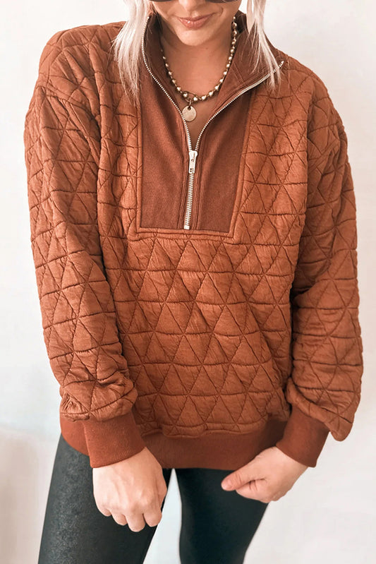 Straw Yellow Geometric Quilted Half Zipped Loose Sweatshirt-Tops/Sweatshirts & Hoodies-[Adult]-[Female]-Straw Yellow-S-2022 Online Blue Zone Planet