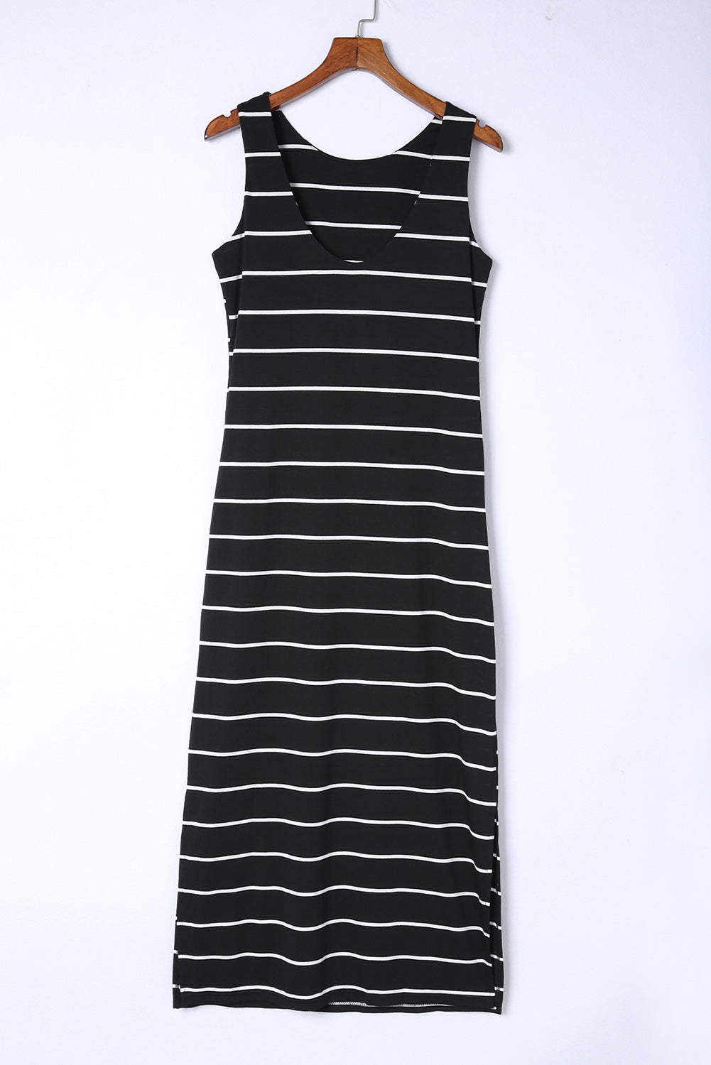 Black Stripe Print Open Back Sleeveless Maxi Dress With Slits-Maxi Dresses-[Adult]-[Female]-2022 Online Blue Zone Planet