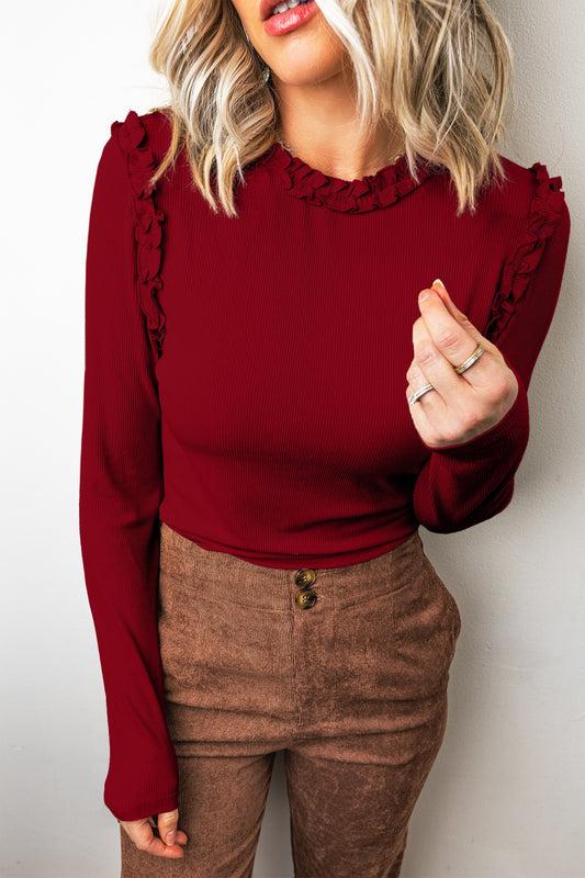 Red Dahlia Solid Color Round Neck Frill Detail Long Sleeve Top-Tops/Long Sleeve Tops-[Adult]-[Female]-Red Dahlia-S-2022 Online Blue Zone Planet