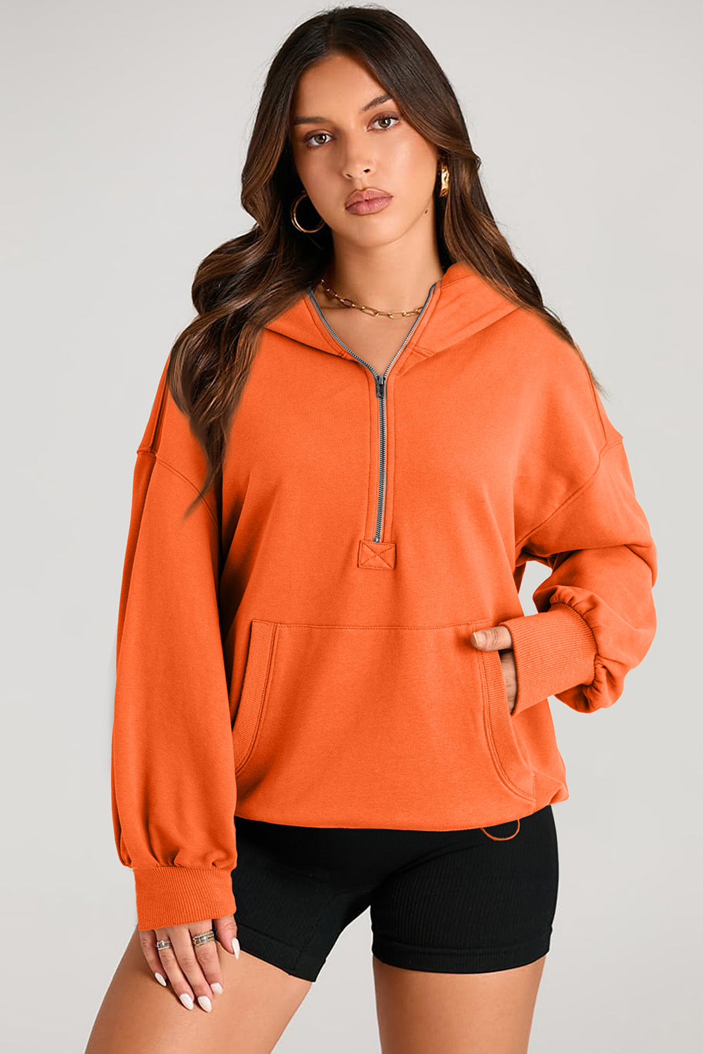 Brown Solid Kangaroo Pocket Half Zipper Oversized Hoodie-Tops/Sweatshirts & Hoodies-[Adult]-[Female]-2022 Online Blue Zone Planet