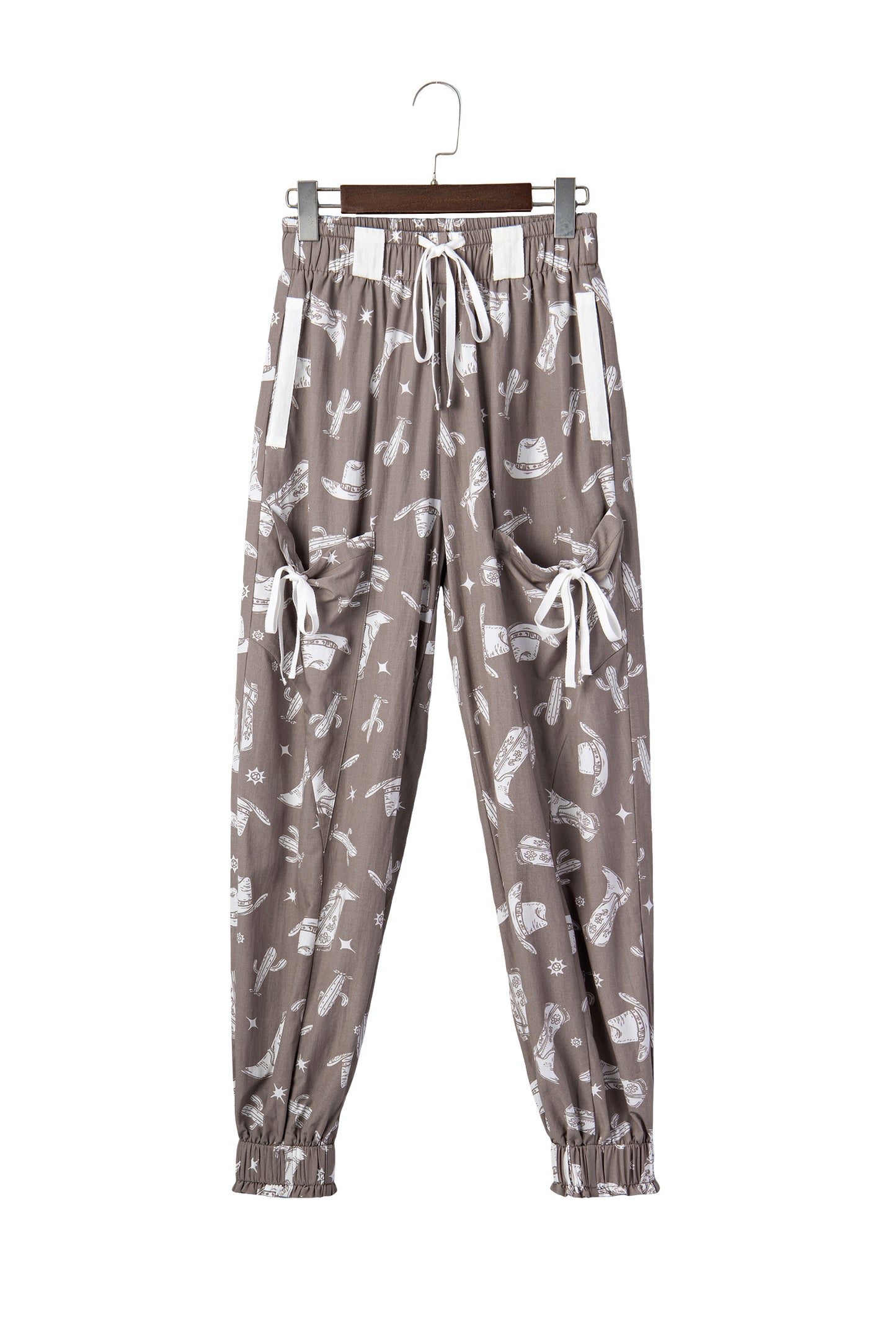 Khaki Western Cactus Cowgirl Hat Boot Printed Vintage Drawstring Jogger Pants-Bottoms/Pants & Culotte-[Adult]-[Female]-2022 Online Blue Zone Planet