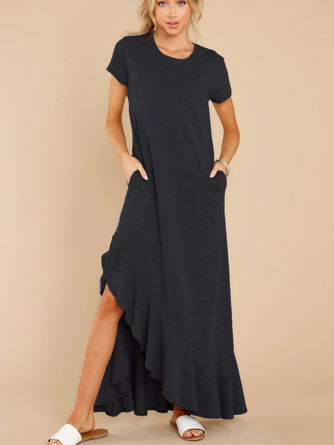 Blue Zone Planet | Slit Round Neck Short Sleeve Maxi Dress-TOPS / DRESSES-[Adult]-[Female]-Black-S-2022 Online Blue Zone Planet