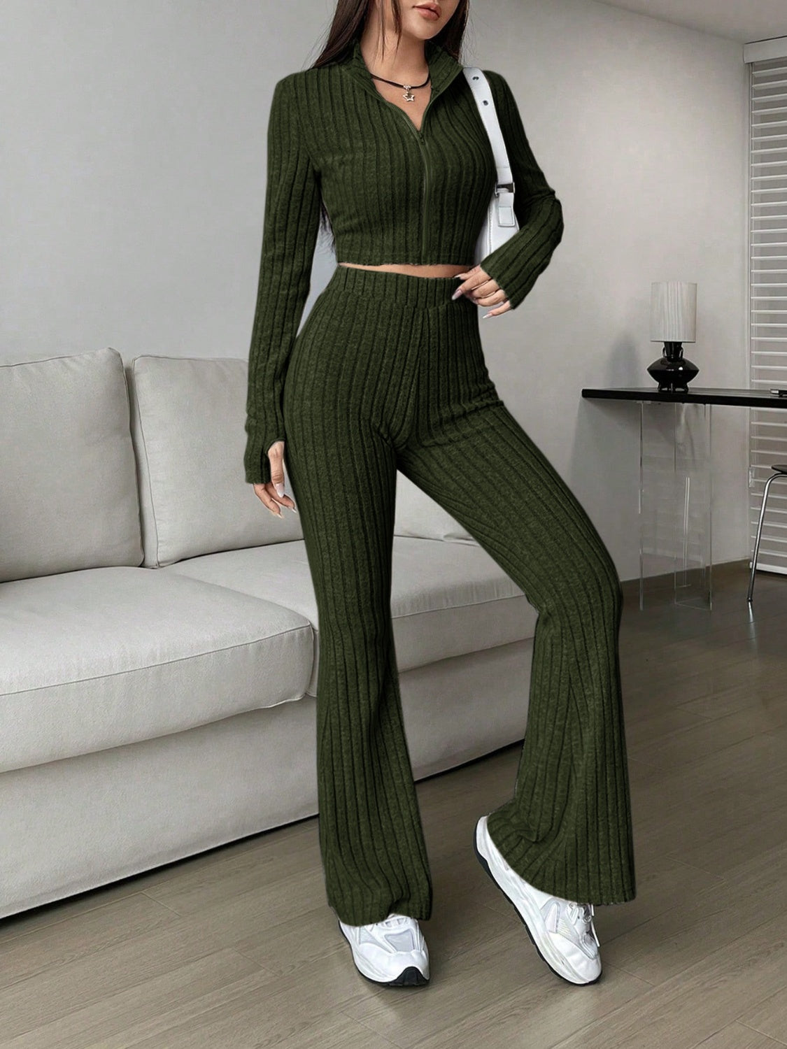 Zip Up Long Sleeve Top and Pants Set-TOPS / DRESSES-[Adult]-[Female]-Army Green-S-2022 Online Blue Zone Planet