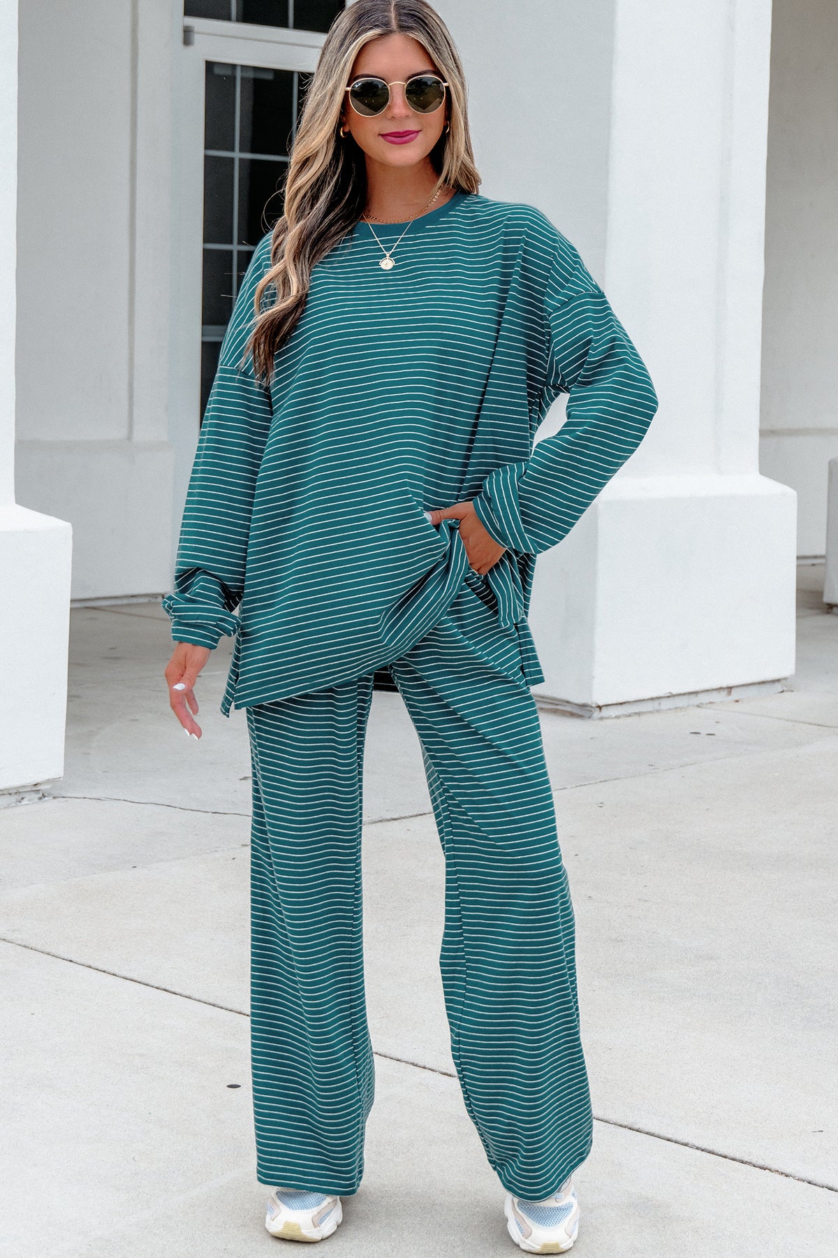 Black Stripe Dropped Shoulder Long Sleeve Top Elastic Waist Pants Casual 2pcs Set-Two Piece Sets/Pant Sets-[Adult]-[Female]-2022 Online Blue Zone Planet