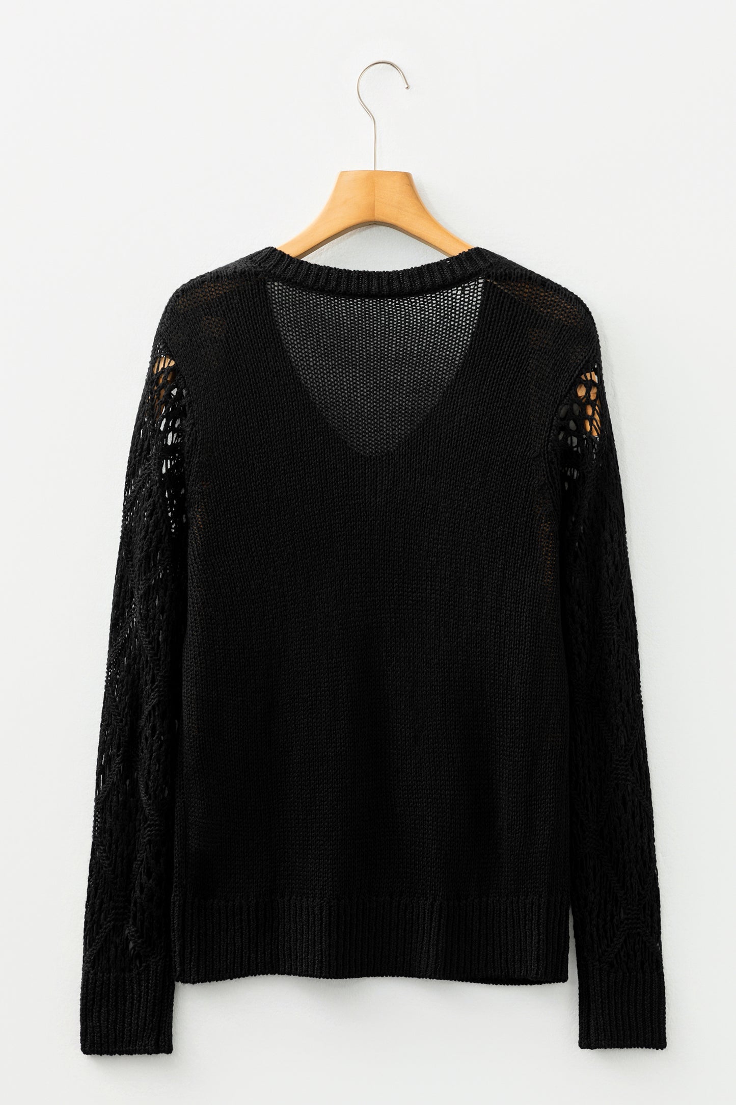 Black Solid V Neck Pointelle Knit Sleeve Patchwork Sweater-TOPS / DRESSES-[Adult]-[Female]-2022 Online Blue Zone Planet