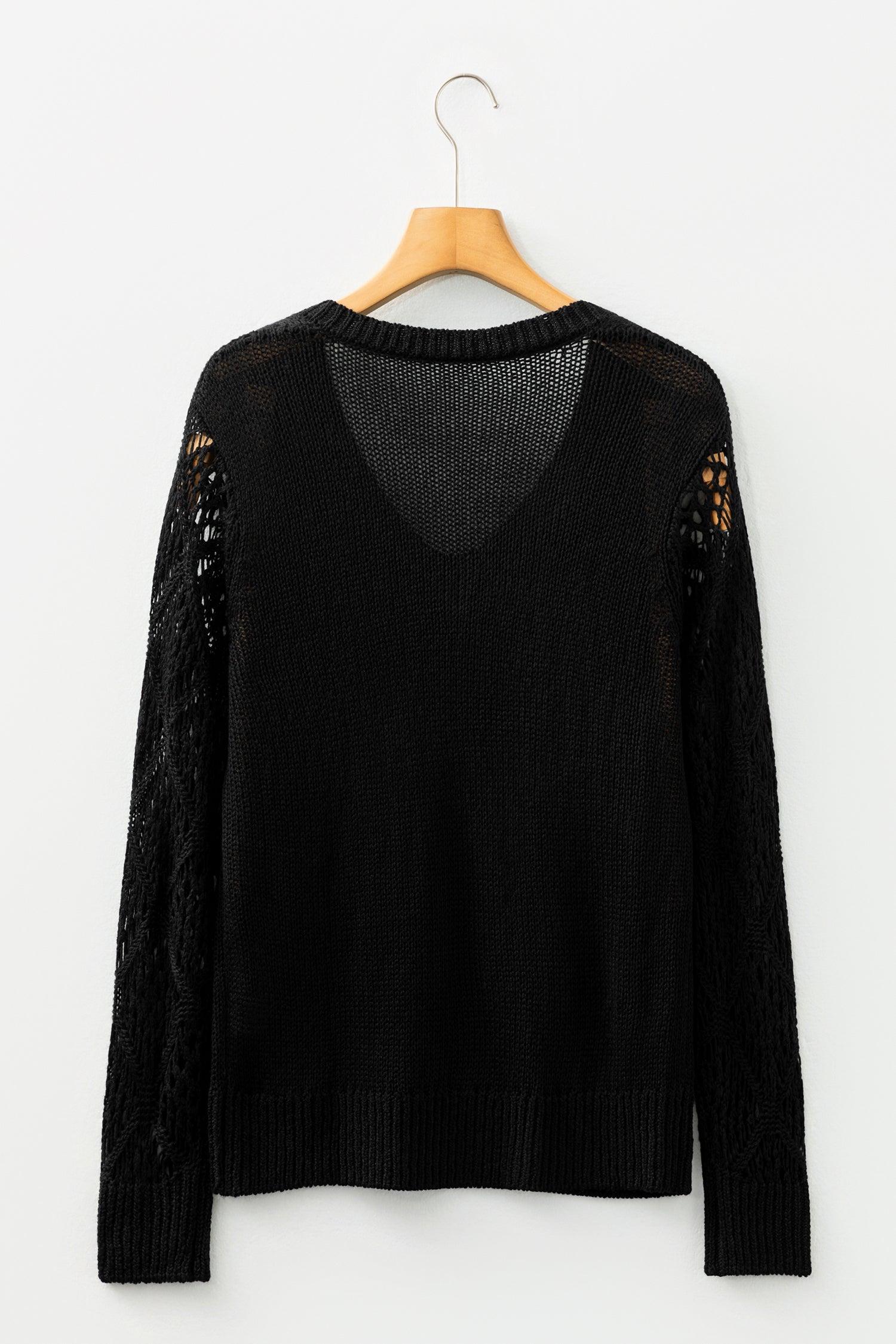 Black Solid V Neck Pointelle Knit Sleeve Patchwork Sweater-TOPS / DRESSES-[Adult]-[Female]-2022 Online Blue Zone Planet