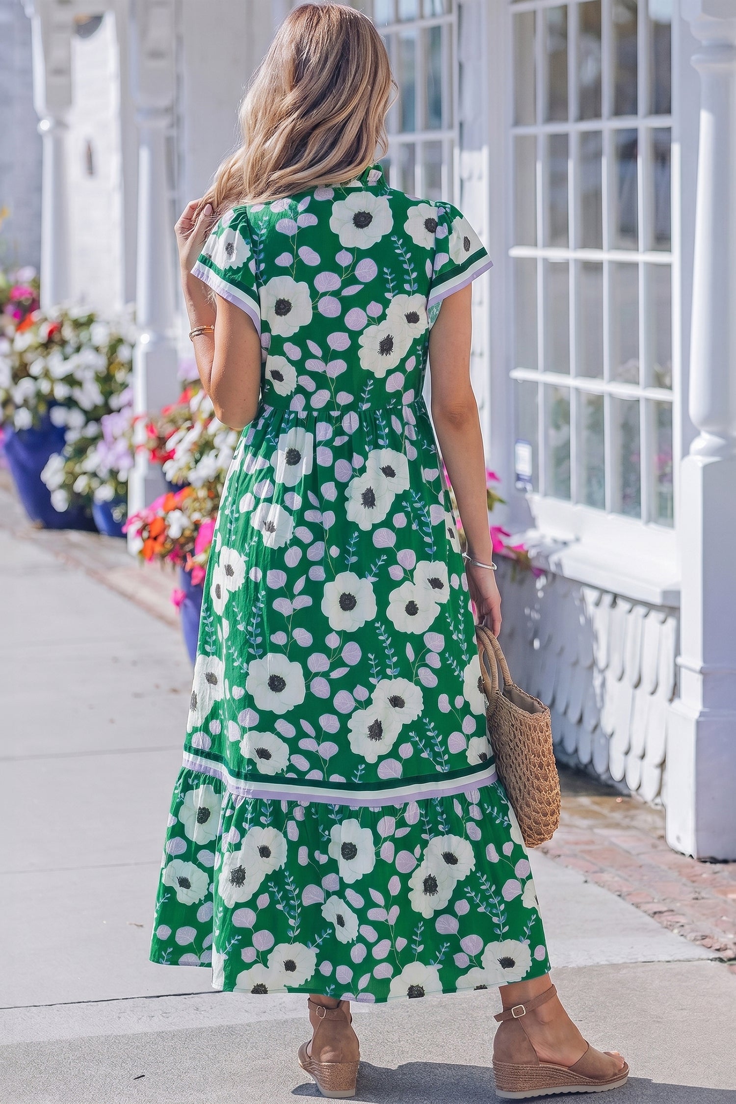 Green V Neck Ruffled Short Sleeve Flower Maxi Dress-TOPS / DRESSES-[Adult]-[Female]-2022 Online Blue Zone Planet