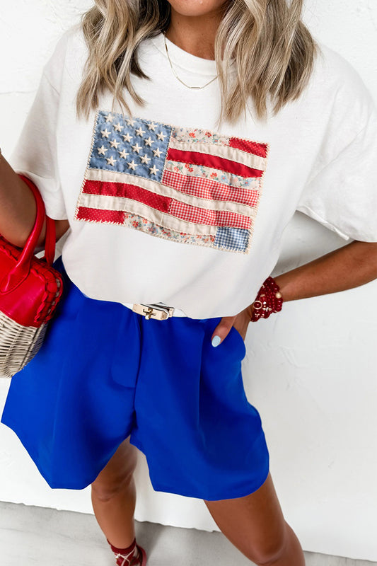 White Faux Patchwork Printed Us Flag Casual Tee-Graphic/Graphic Tees-[Adult]-[Female]-White-S-2022 Online Blue Zone Planet