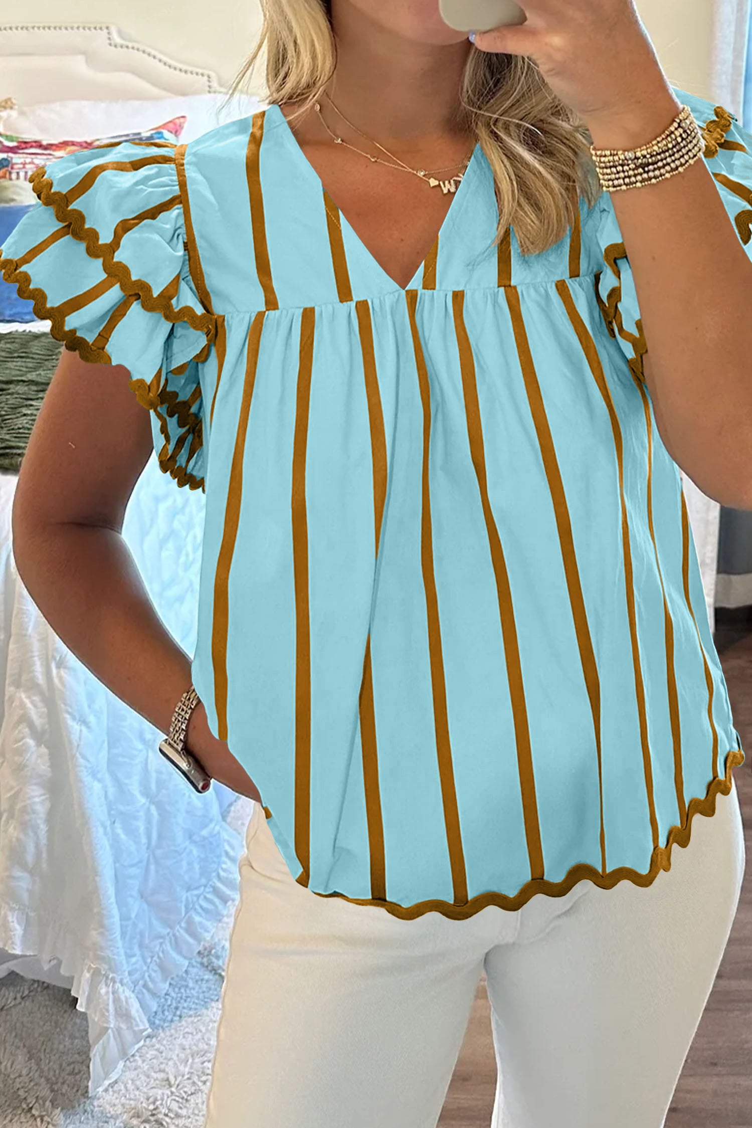 Sky Blue Stripe Ricrac Trim Double Ruffled Short Sleeve V Neck Blouse-Tops/Blouses & Shirts-[Adult]-[Female]-2022 Online Blue Zone Planet